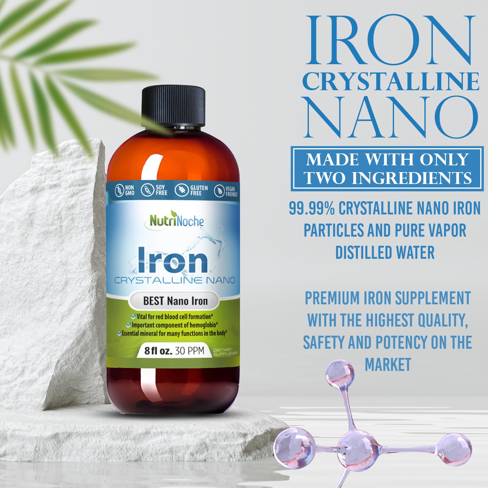 Closeup of clear tasteless NutriNoche liquid iron drops showing smooth texture.
