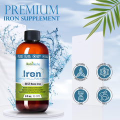 NutriNoche liquid iron drops packaging highlighting vegan, high-potency formula.
