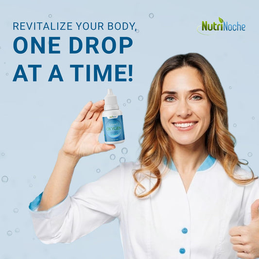 NutriNoche Liquid Oxygen Drops being poured for a quick energy lift.