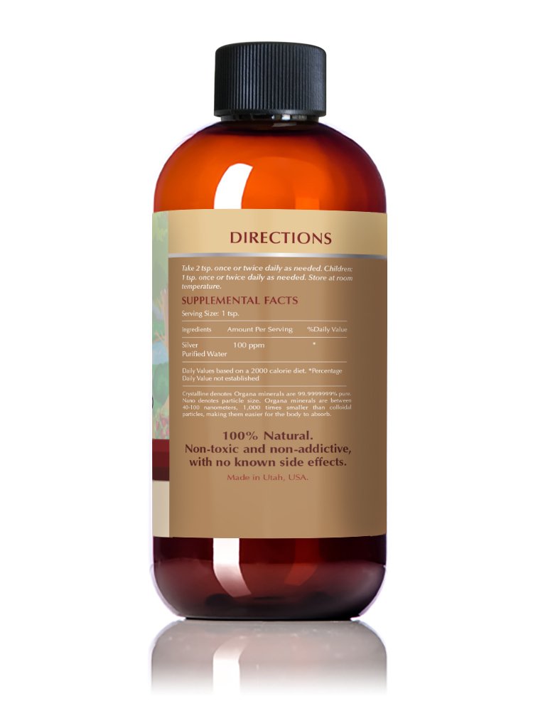 NutriNoche Organa nano colloidal silver front label emphasizing purity and production quality.