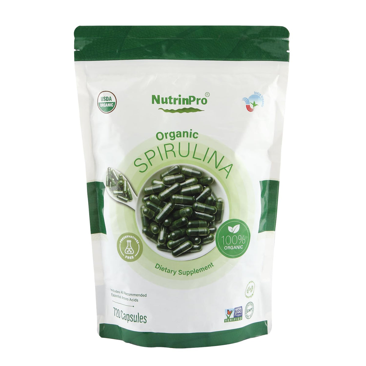 NUTRINPRO spirulina capsules bottle closeup for daily nutrition