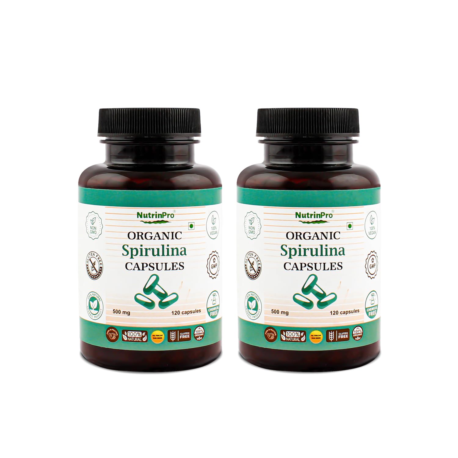 NUTRINPRO Spirulina capsules bottle for convenient daily vegan nutrition.