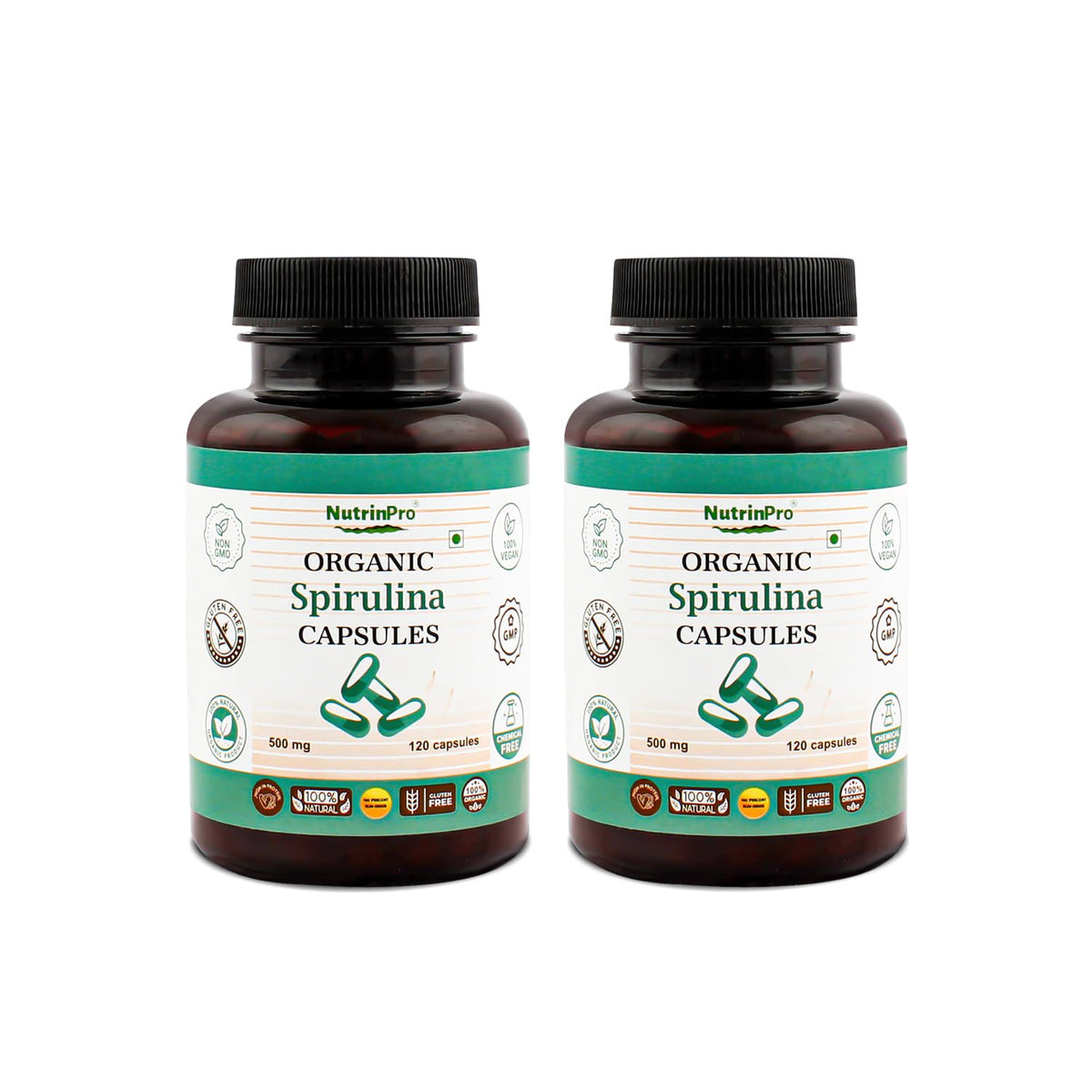 NUTRINPRO Spirulina capsules bottle for convenient daily vegan nutrition.