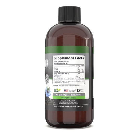 NutriONN Black Seed Oil pouring for easy daily dosing.