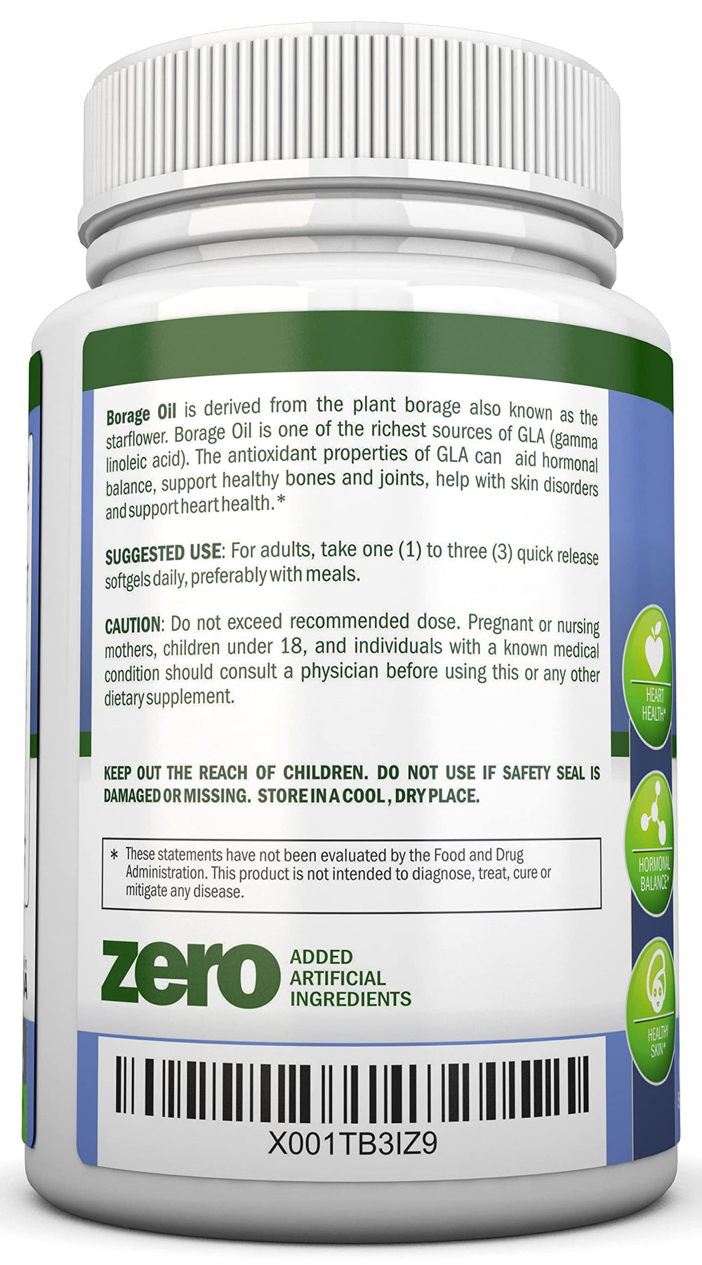 NutriONN Borage Oil bottle label indicating hexane-free purity and USA-made quality