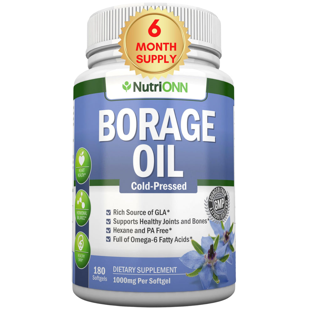 NutriONN Borage Oil bottle showing hexane-free cold-pressed formula for skin health
