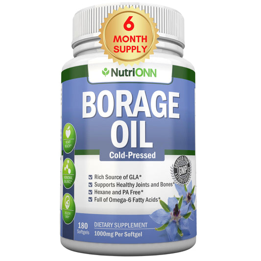 NutriONN Borage Oil bottle showing hexane-free cold-pressed formula for skin health