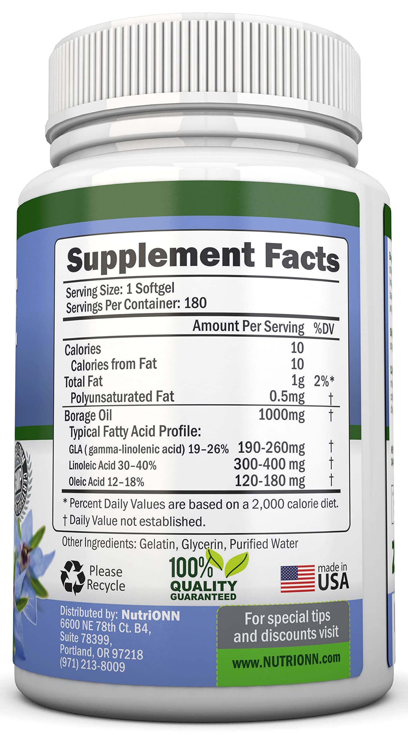 NutriONN Borage Oil softgels close-up highlighting high GLA content for hair and bones