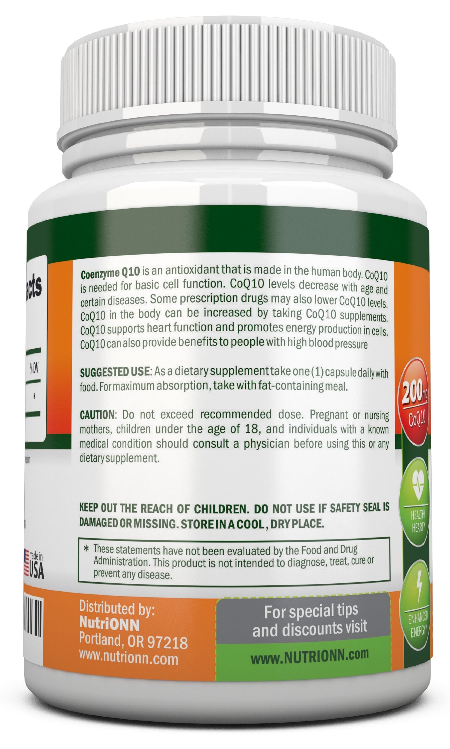 NutriONN CoQ10 bottle back label close-up showing purity and quality