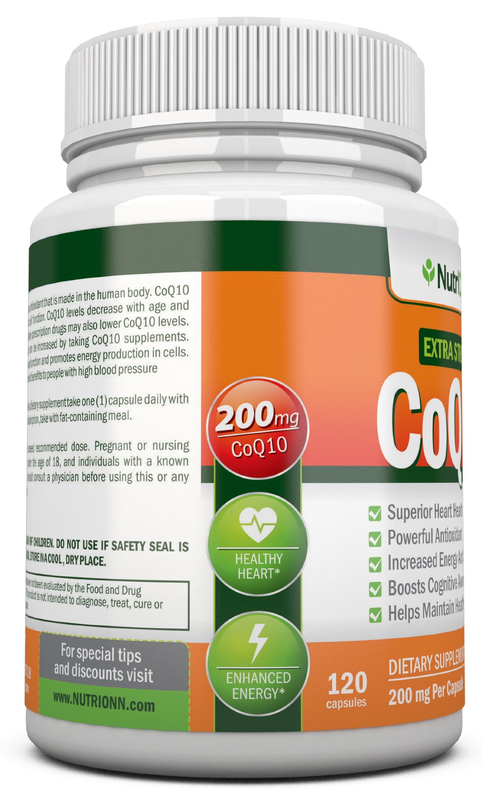 NutriONN CoQ10 label close-up highlighting potency and ingredients