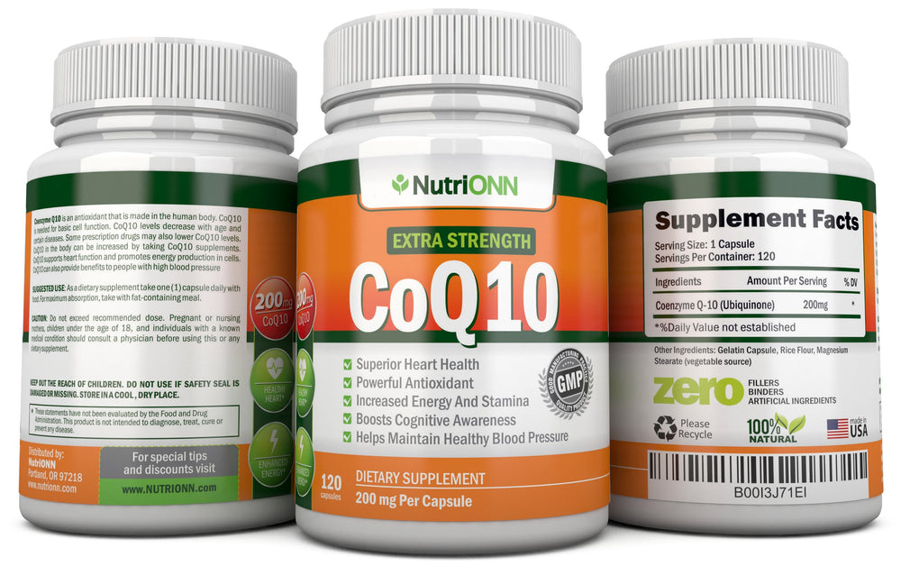 NutriONN CoQ10 bottle with USA manufacturing seal for quality