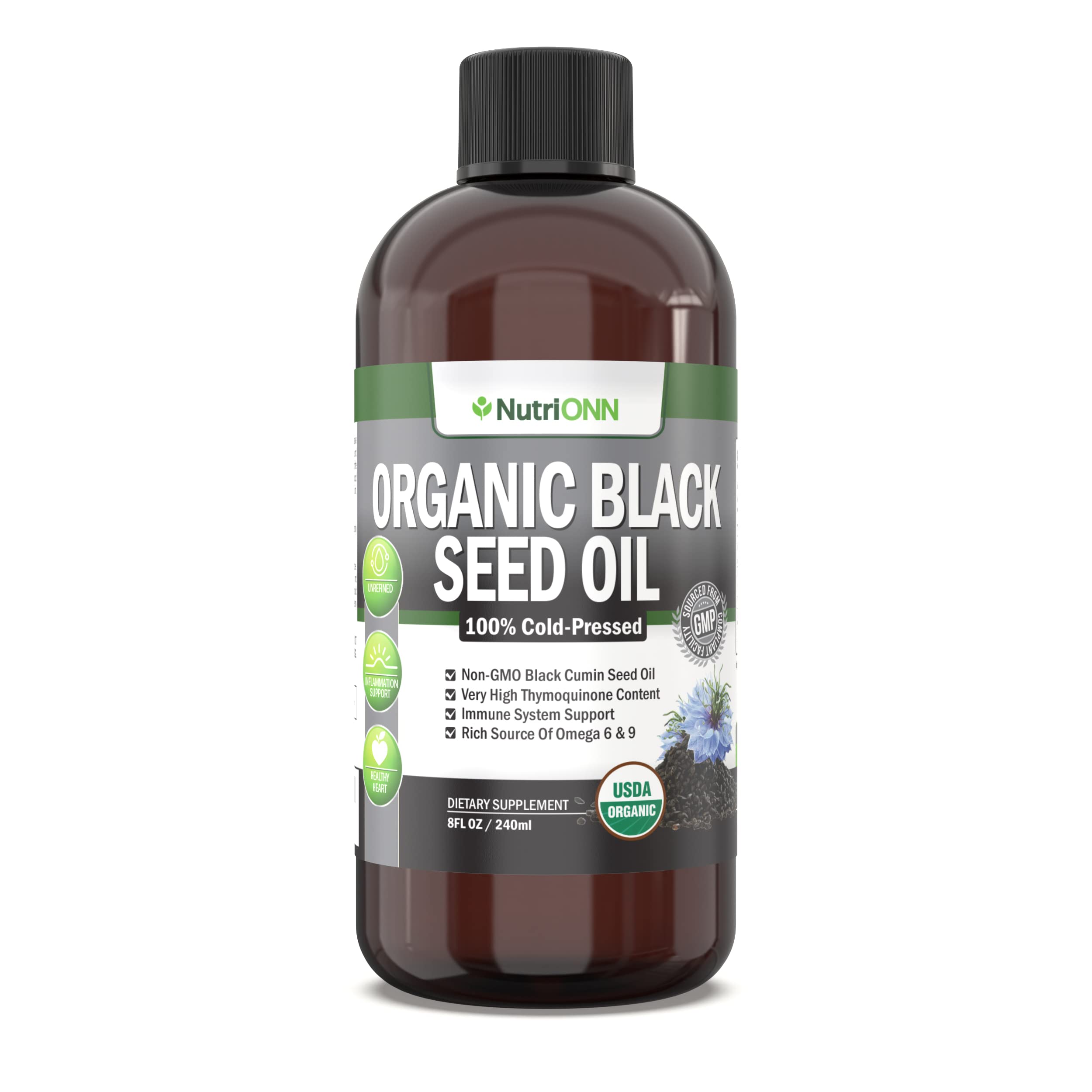 NutriONN Organic Black Seed Oil bottle on a clean countertop for daily use.