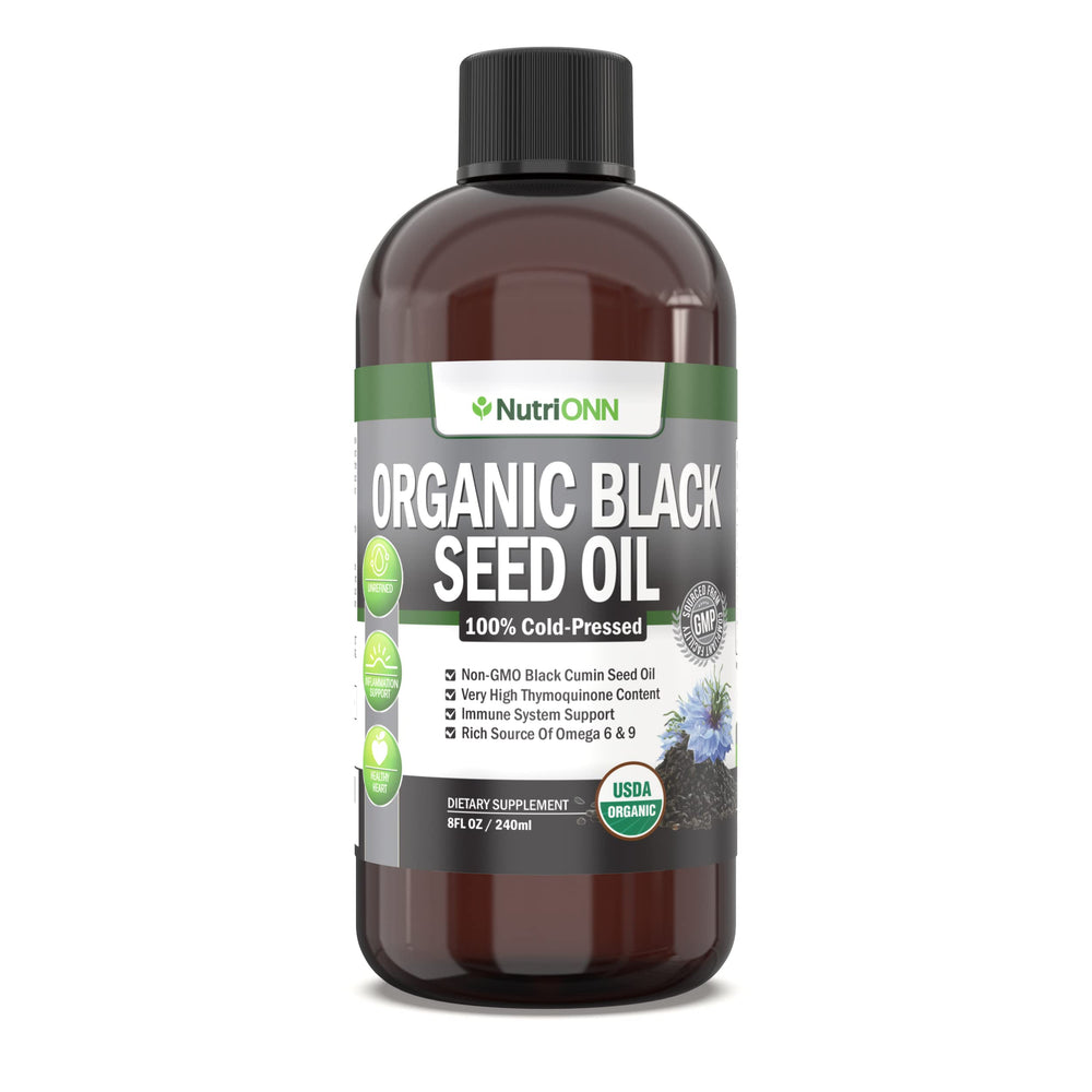 NutriONN Organic Black Seed Oil bottle on a clean countertop for daily use.