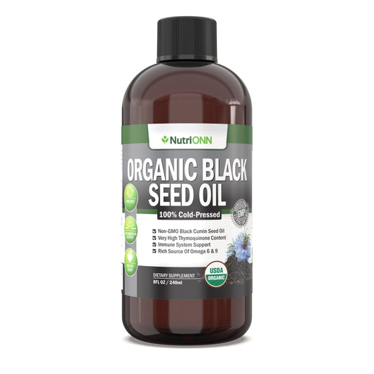 NutriONN Organic Black Seed Oil bottle on a clean countertop for daily use.