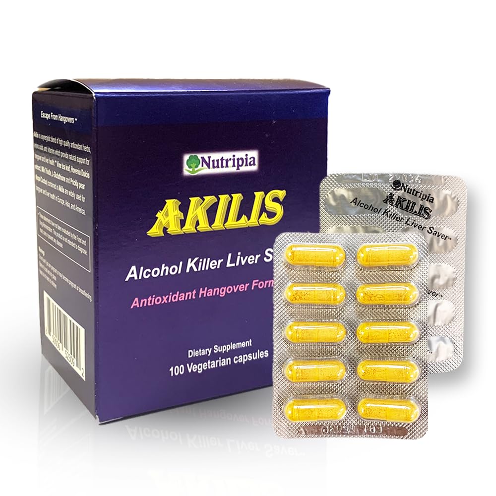 Nutripia Akilis bottle with capsules for post-drinking support.
