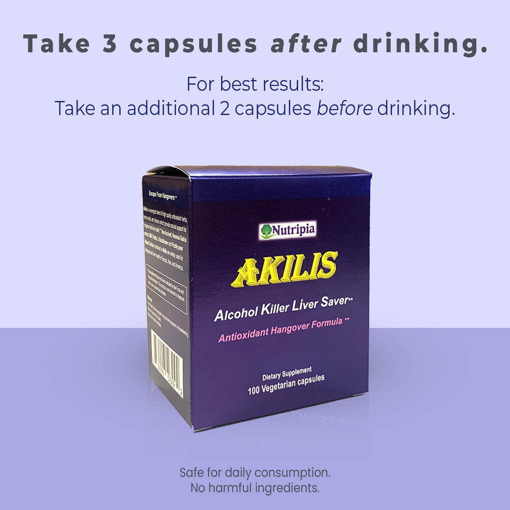 Nutripia Akilis capsules close-up highlighting antioxidant liver support.