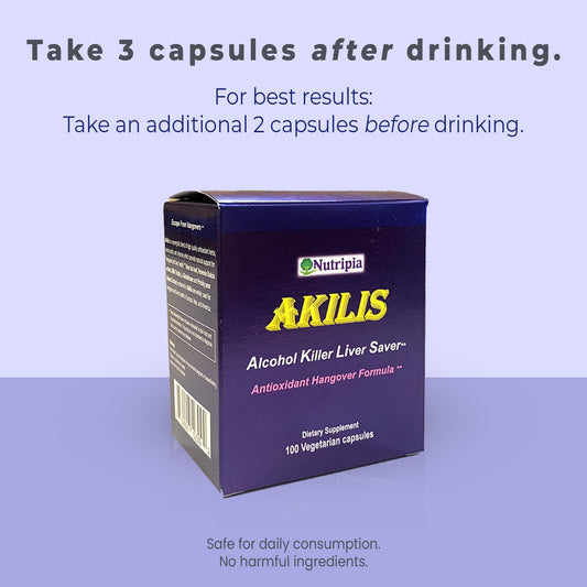 Nutripia Akilis capsules close-up highlighting antioxidant liver support.