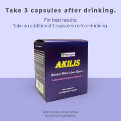 Nutripia Akilis capsules close-up highlighting antioxidant liver support.