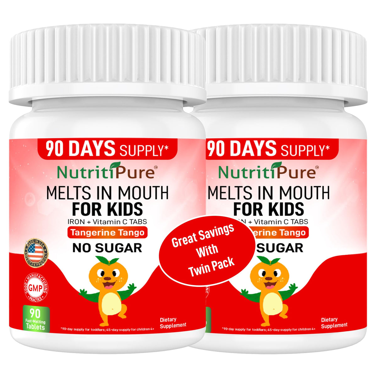 NutritiPure Tangerine flavor tablet dissolve offers kid-friendly iron with quick absorption.