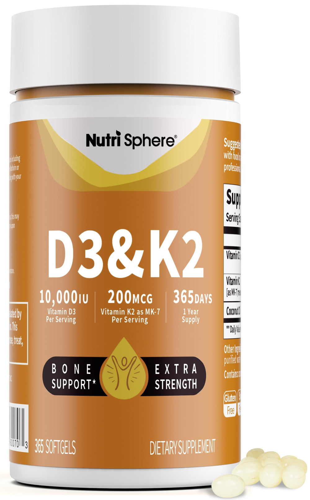 NutriSphere Vitamin D3 & K2 bottle front signaling daily calcium support.