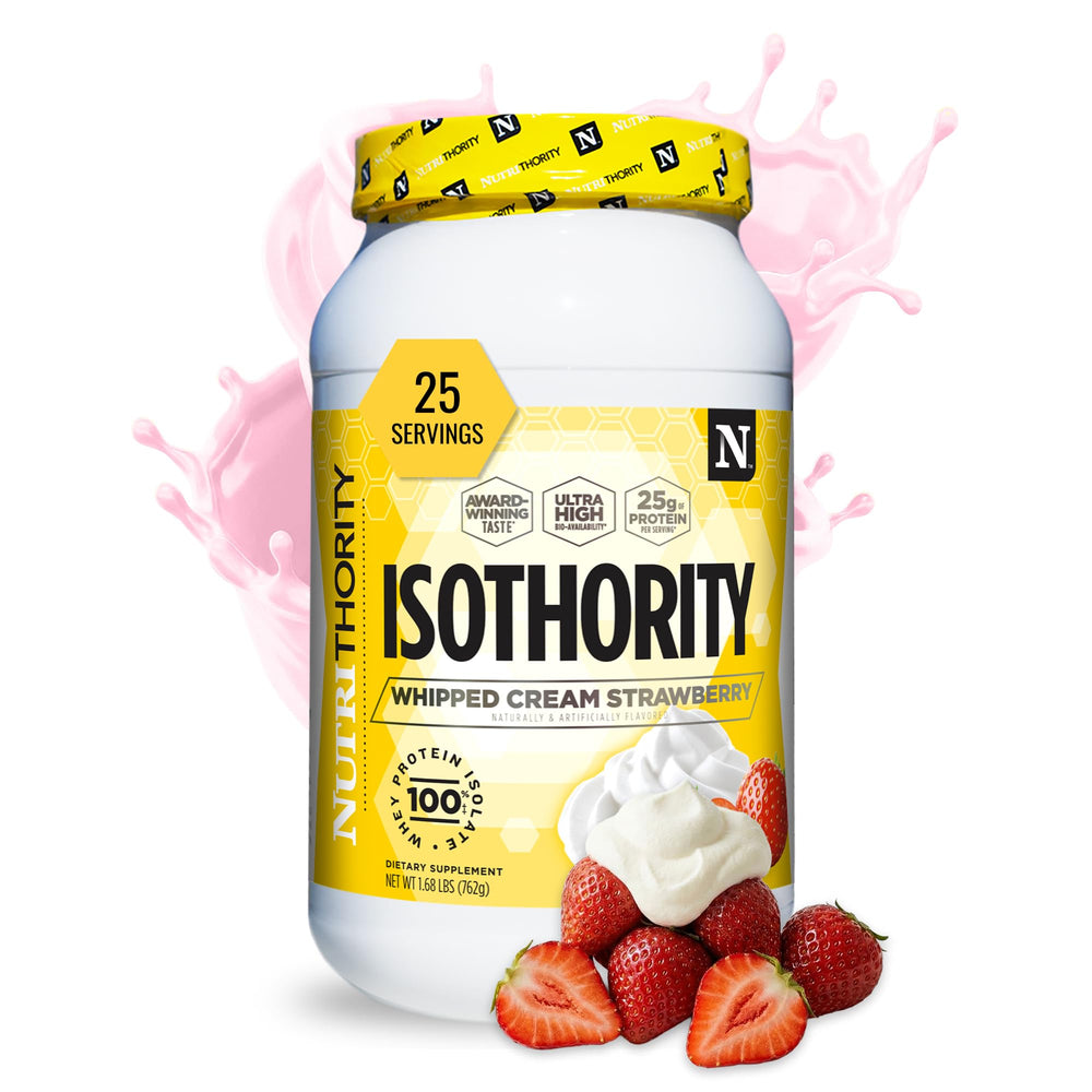 Nutrithority Isothority whey protein bottle showcasing ultra-absorbable isolate for quick recovery.
