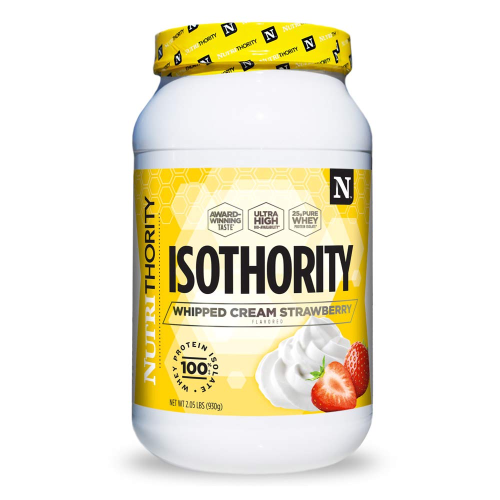 Nutrithority Isothority flavor swirl with whipped cream strawberry suggests tasty post-workout option.