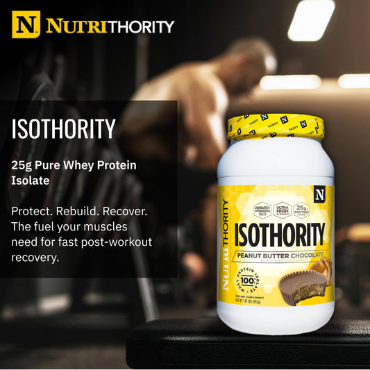 Nutrithority Isothority whey protein pour illustrating convenient post-workout shake