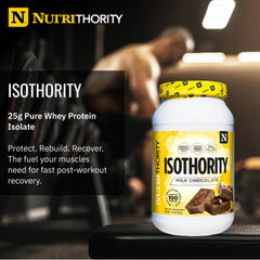 Nutrithority Isothority whey powder scoop showing easy serving and high bioavailability