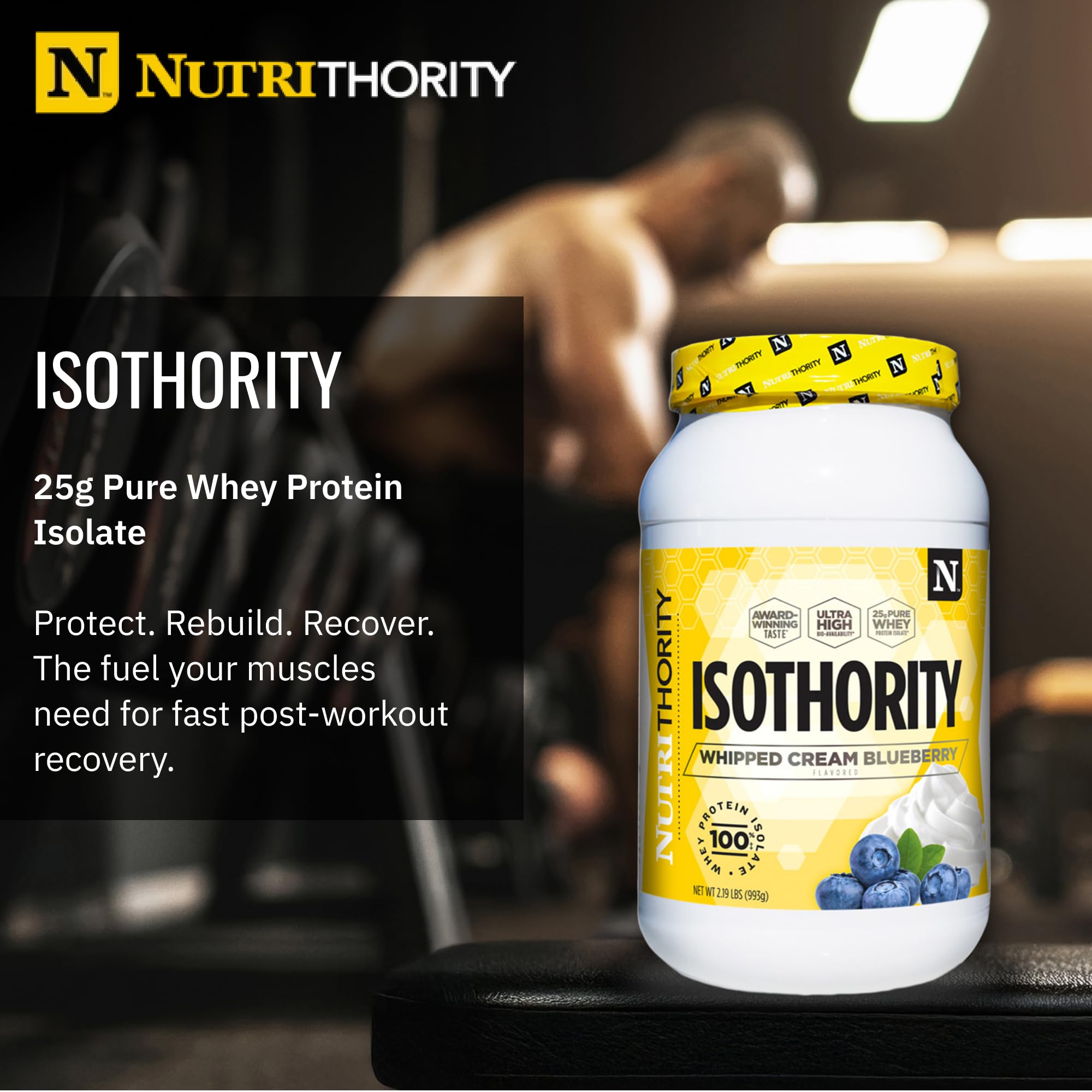 Scoop beside tub of Nutrithority Isothority Isolated Whey for easy daily protein dosing