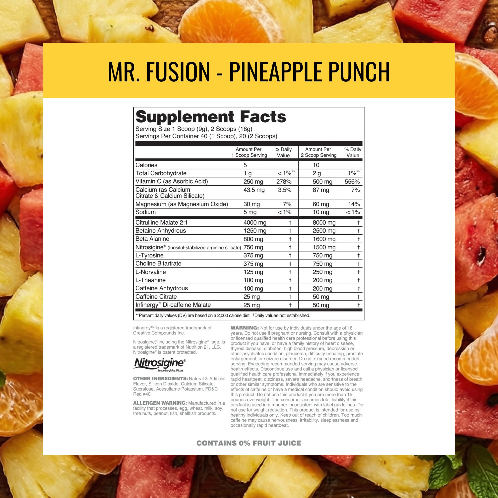 Packaging display highlighting 40 servings and no creatine in Mr. Fusion.