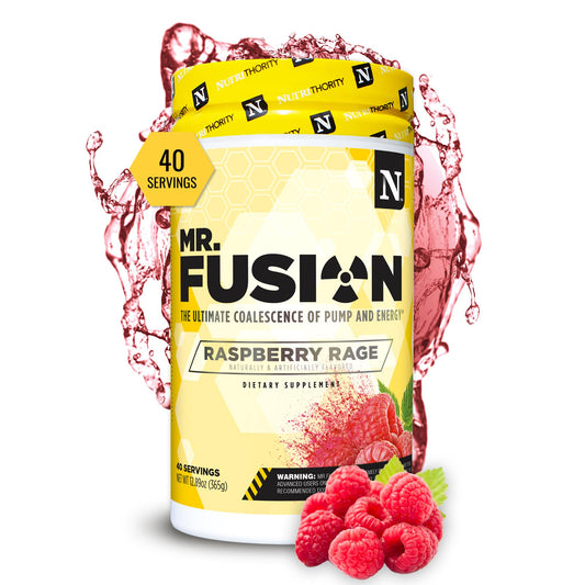 Nutrithority Mr. Fusion pre-workout tub in Raspberry Rage boosts focus and energy for workouts.