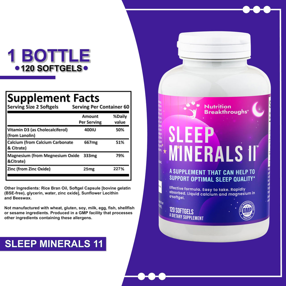 Nutrition Breakthroughs Sleep Minerals II ingredients label showing calcium, magnesium, vitamin D and zinc.