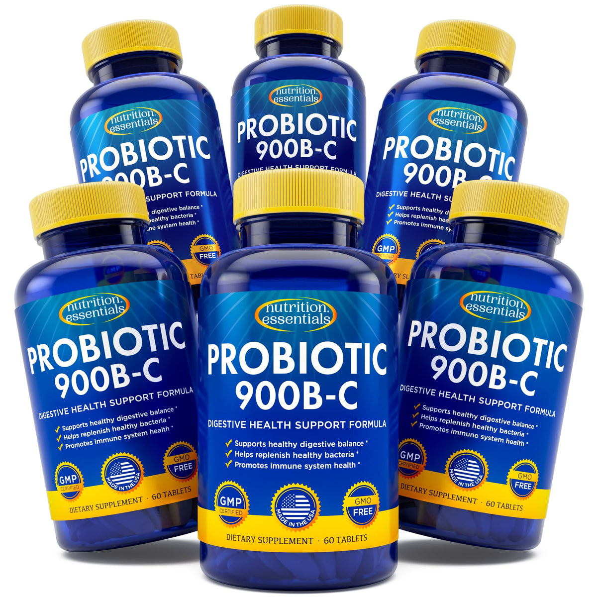 Nutrition Essentials probiotic bottle close-up showing capsules with potent delivery to the intestines