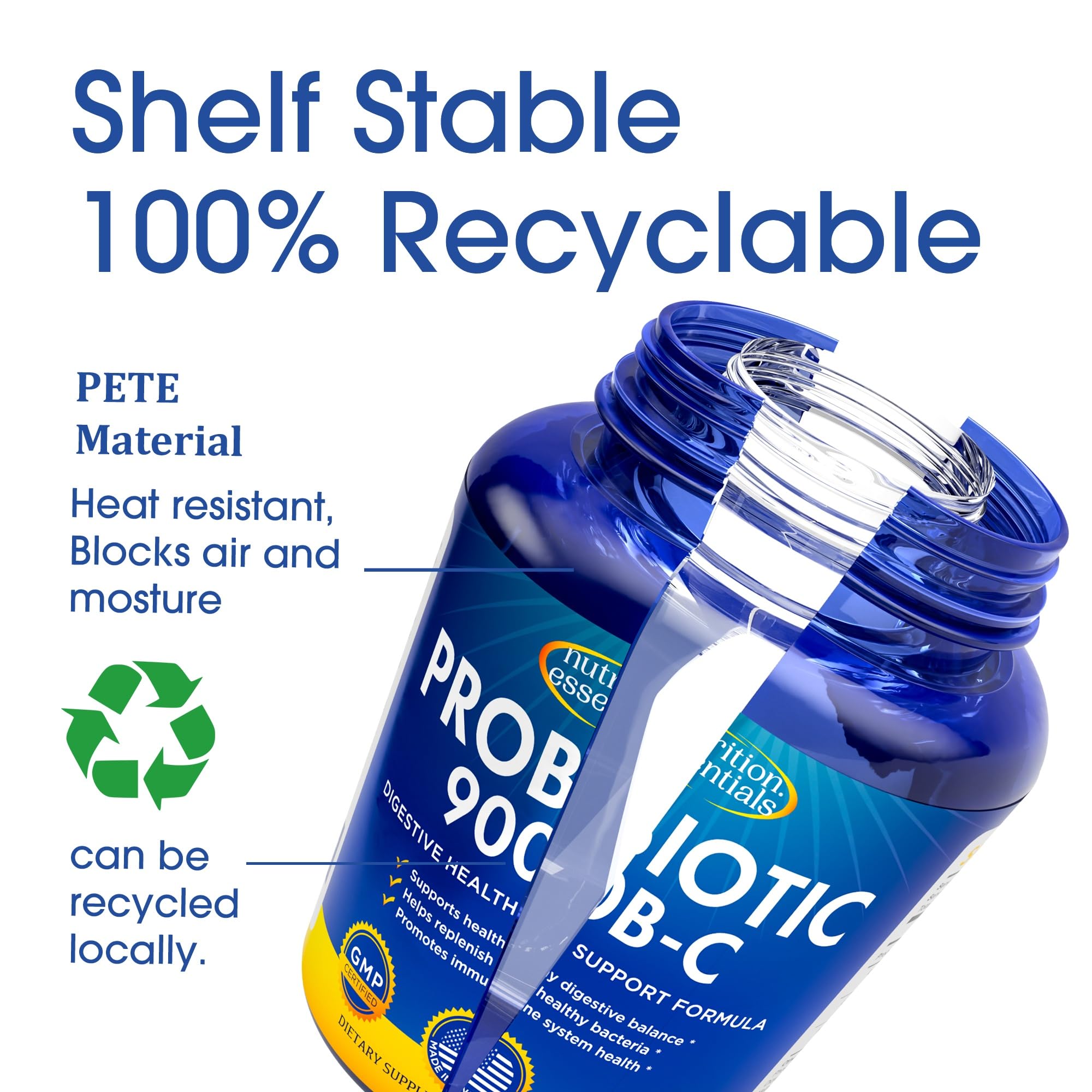 Nutrition Essentials USA-made probiotic bottle reflecting strict quality and non-GMO vegan ingredients