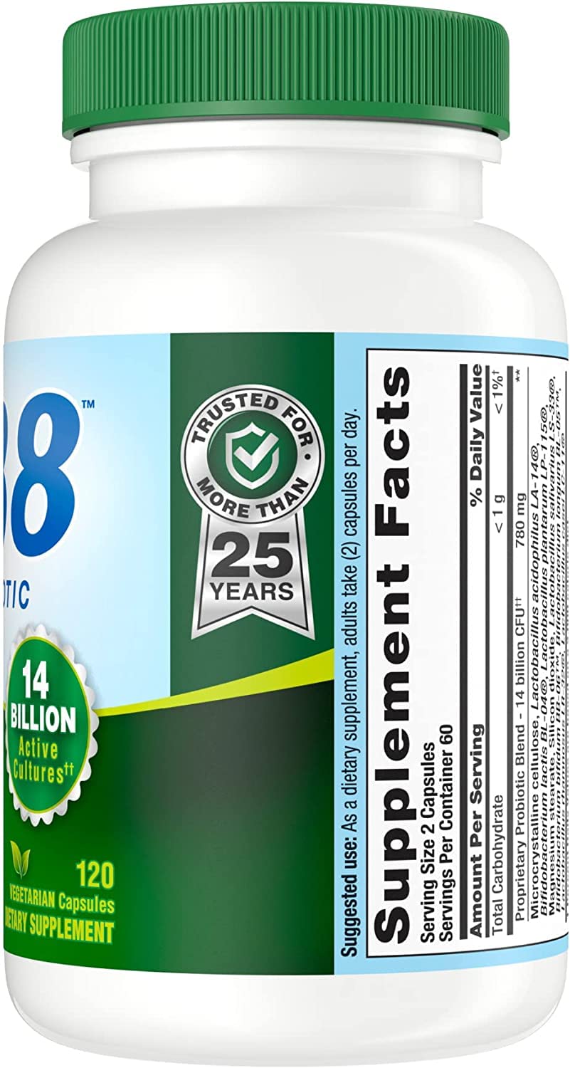Nutrition Now PB8 capsules closeup highlights 120 count and dairy-free, gluten-free, soy-free features.
