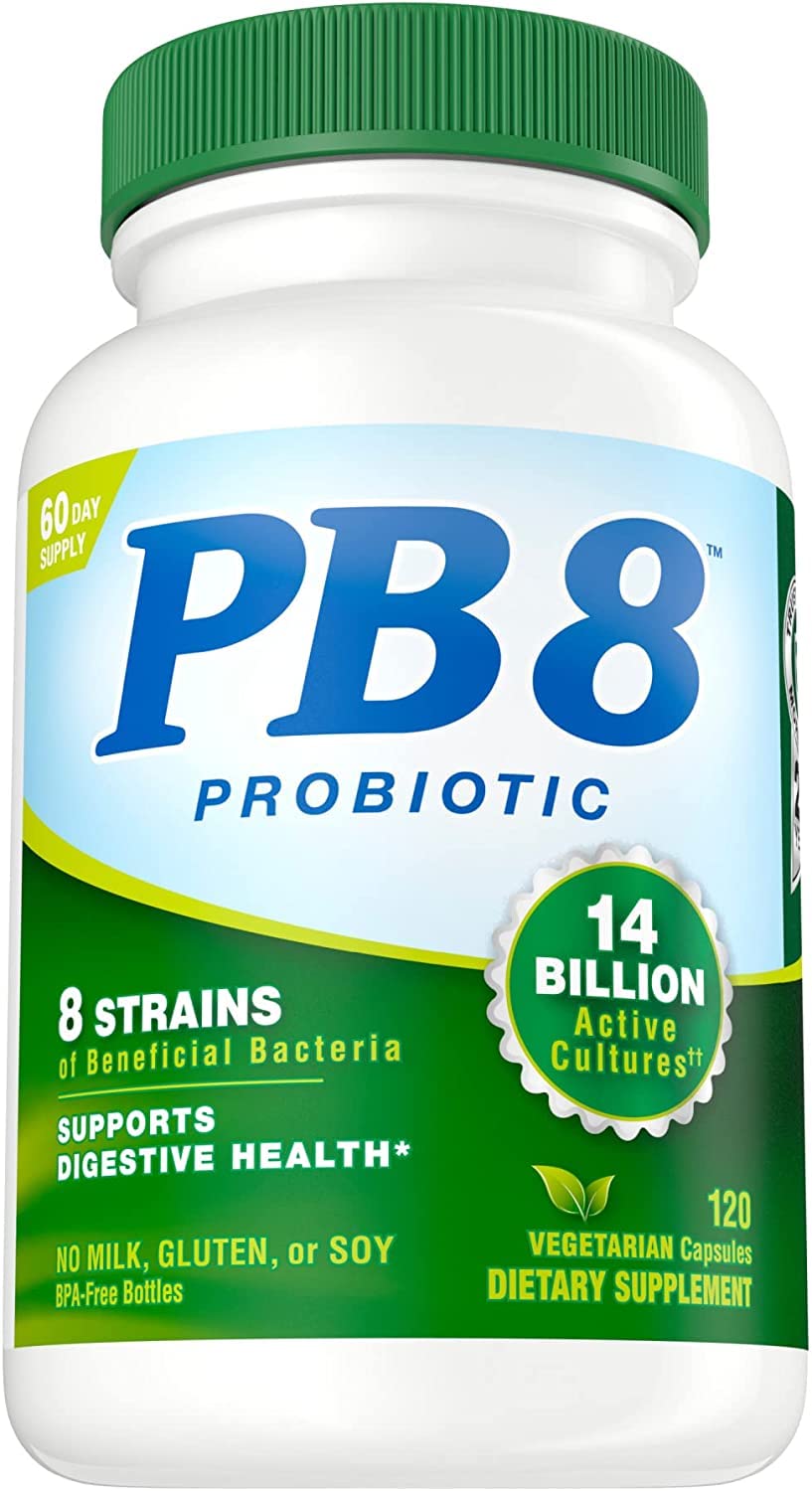 Nutrition Now PB8 probiotic bottle front shows a 60-day daily digestion support supply