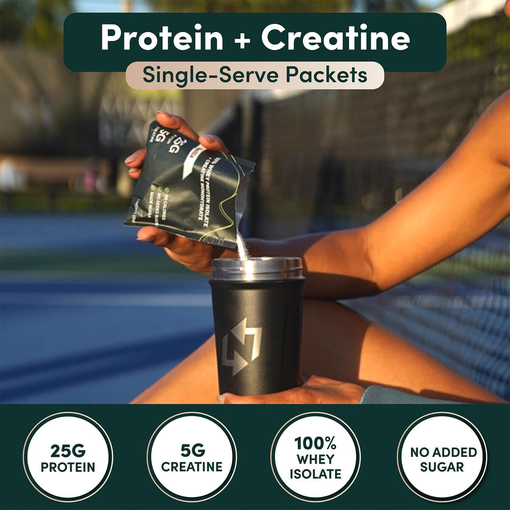 Nutrition On The Go creatine-enhanced packet highlighting 25g protein and 5g creatine.