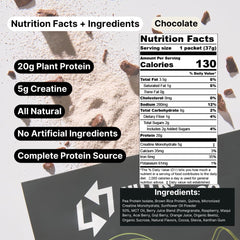Close-up pour of chocolate protein packet into shaker