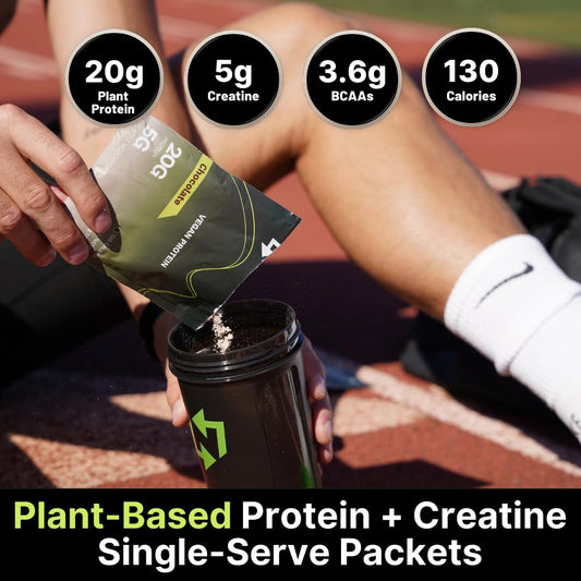 Open tear-open protein packet showing single-serve chocolate portion