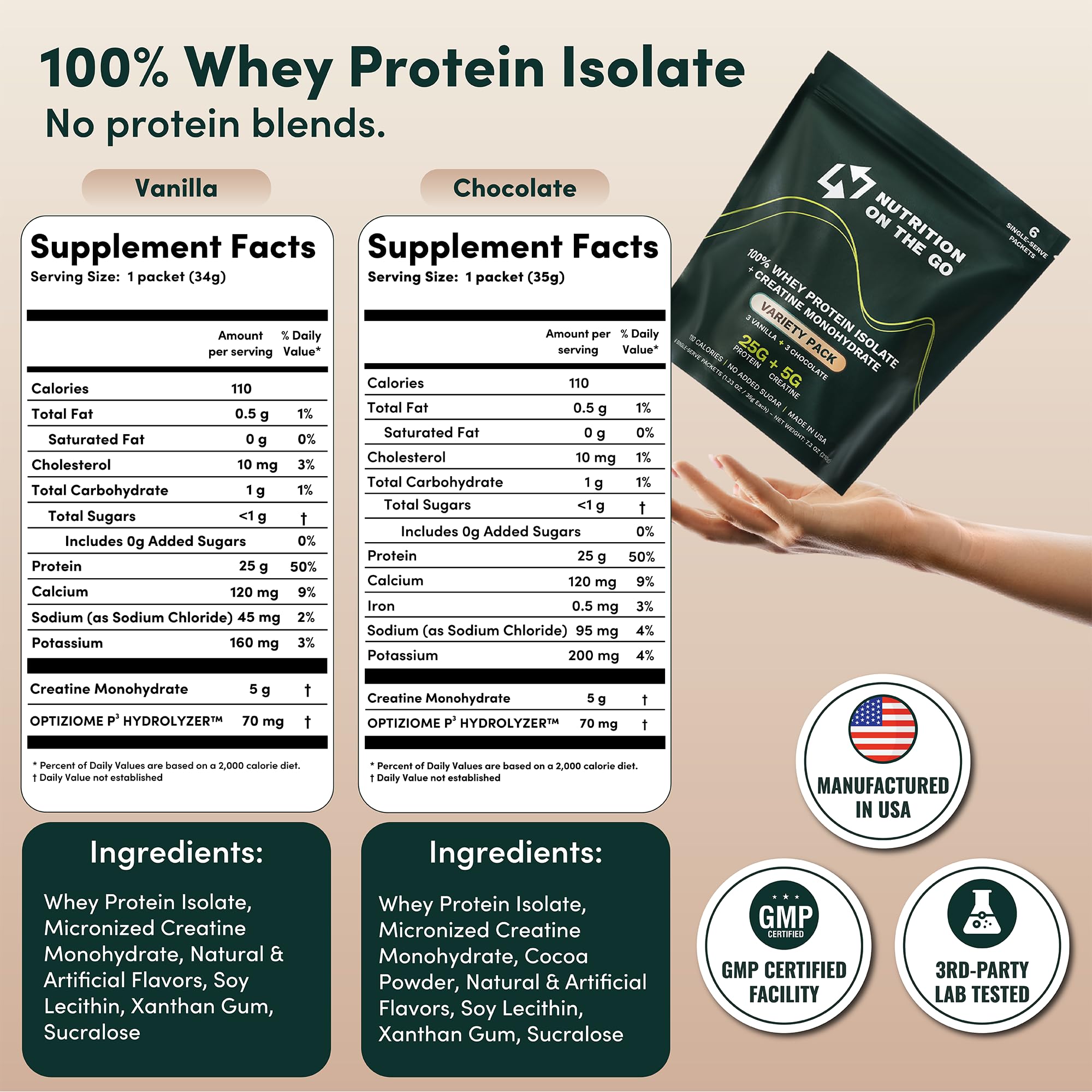 Nutrition On The Go Vanilla and Chocolate variety pack packets ready to mix.