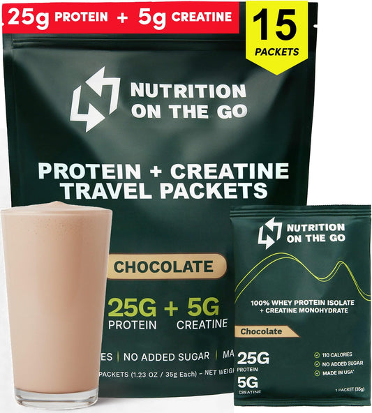 Nutrition On The Go packaging shows travel-ready whey isolate packets for convenient fueling.