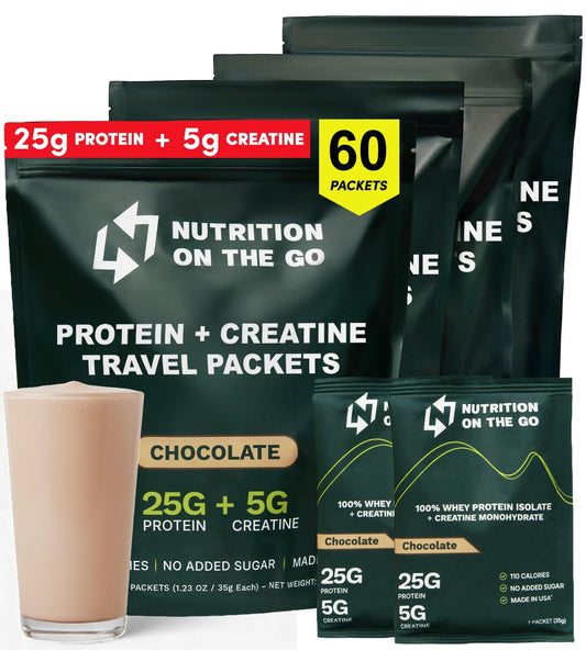 Nutrition On The Go whey protein isolate packet, travel-ready chocolate flavor for quick protein.