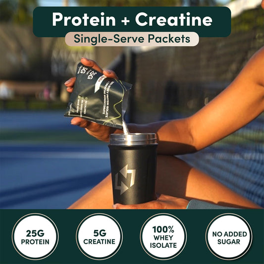 Nutrition On The Go Whey Isolate with Creatine packet delivers 25g protein and 5g creatine per serving.