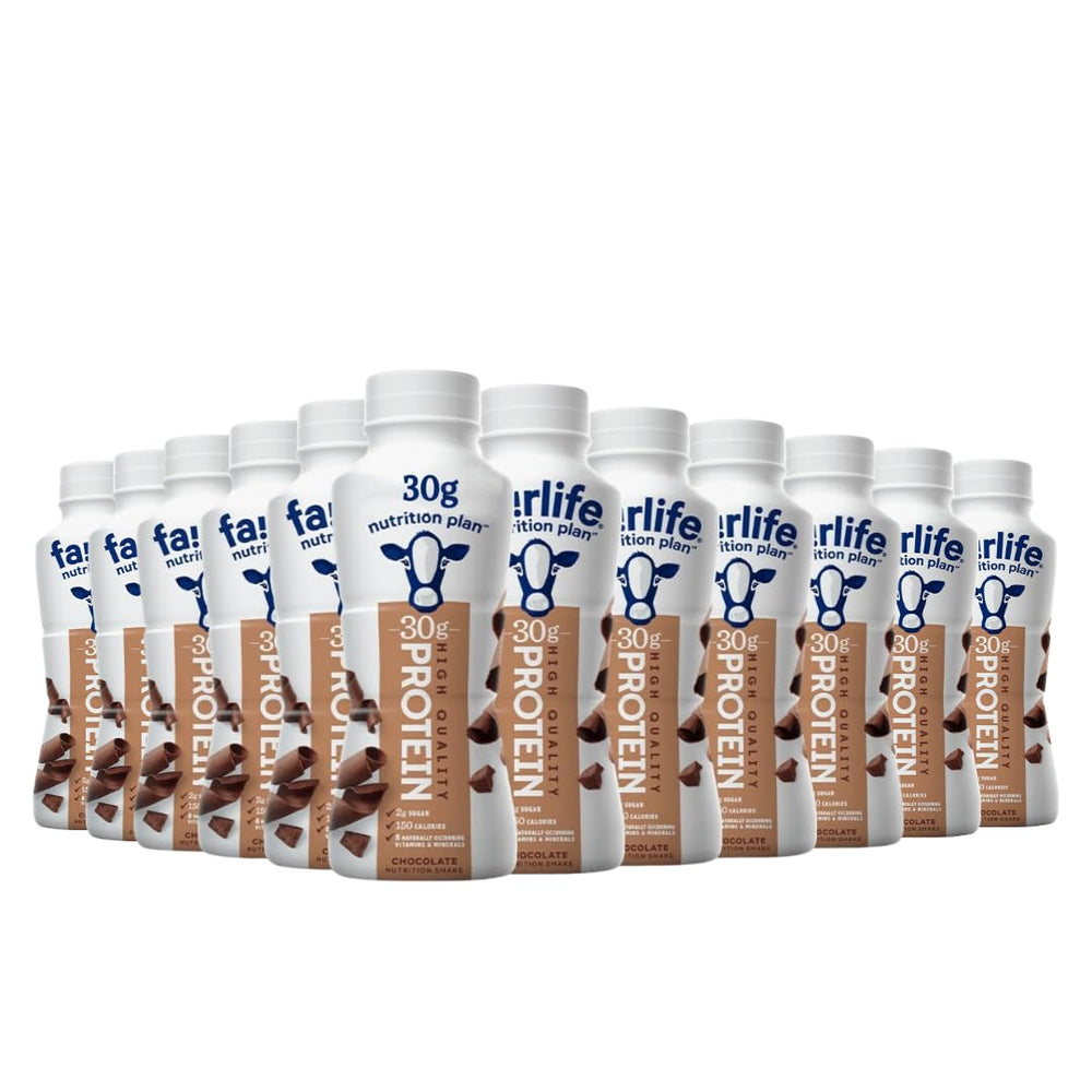 Nutrition PIan Chocolate High Protein Shake bottle, rich chocolate flavor, 30g protein per serving.