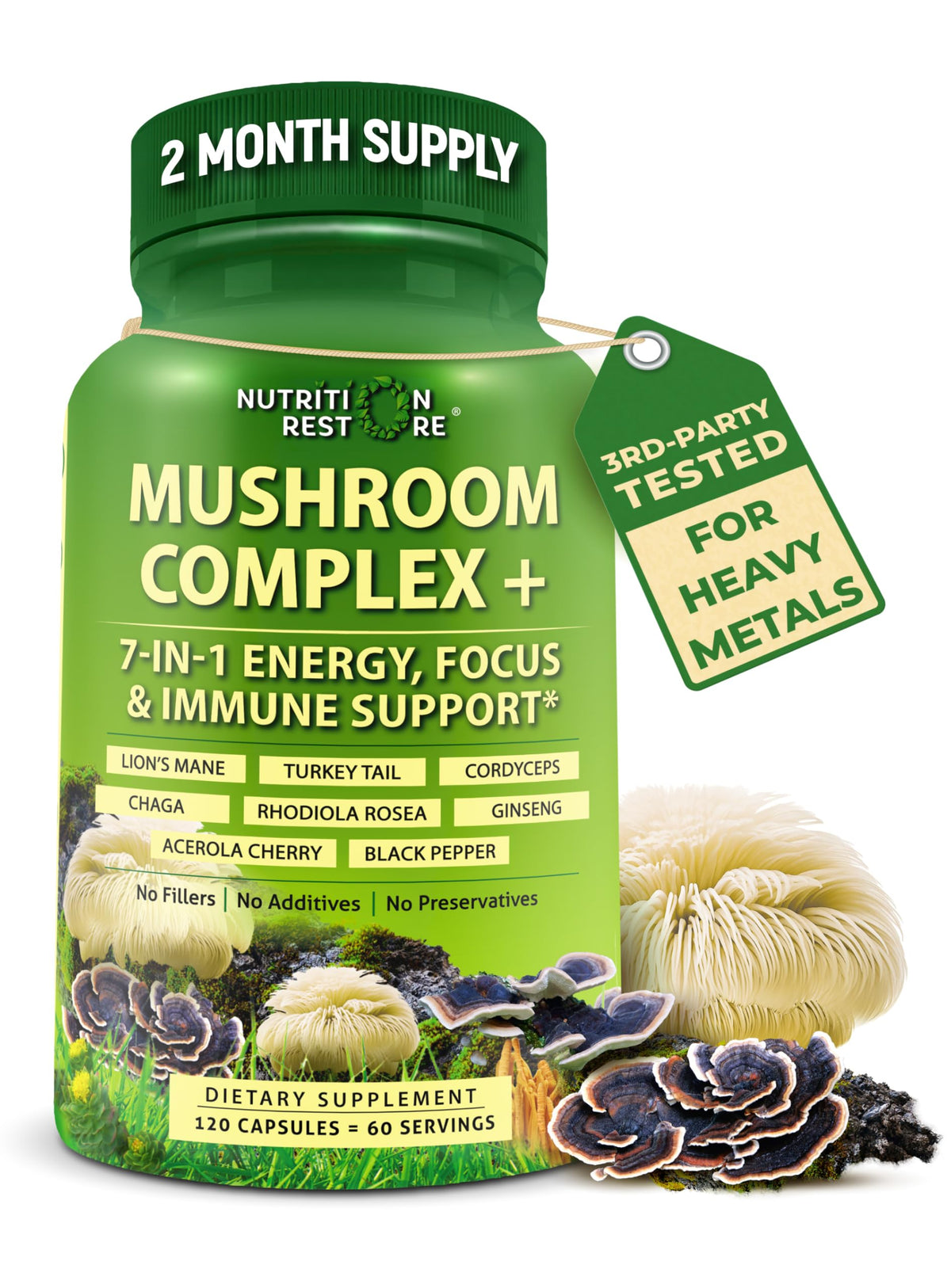 Nutrition Restore Organic Mushroom Complex capsules in bottle for easy daily energy support