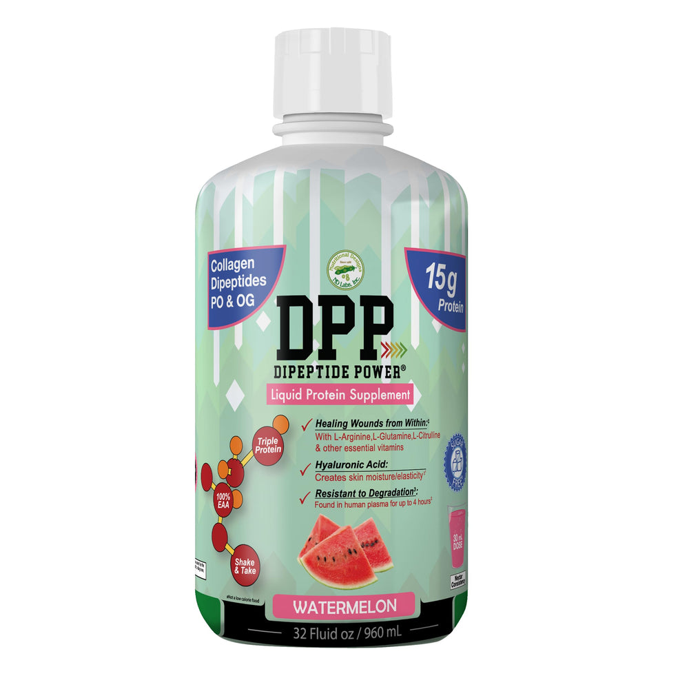 Nutritional Designs DPP Dipeptide bottle with watermelon flavor for convenient skin support.