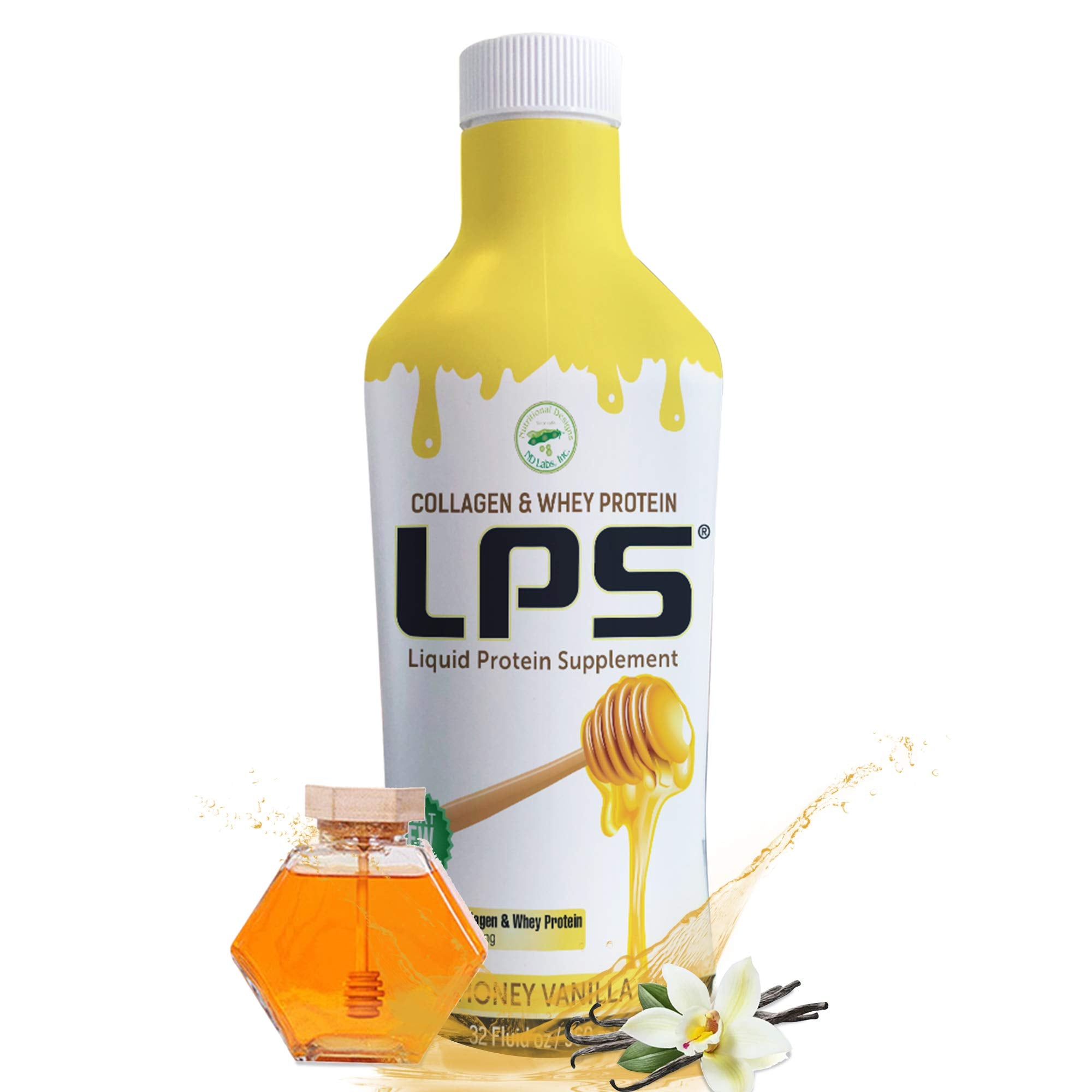 Nutritional Designs LPS liquid collagen bottle pour showcases on-the-go protein convenience and quick intake.