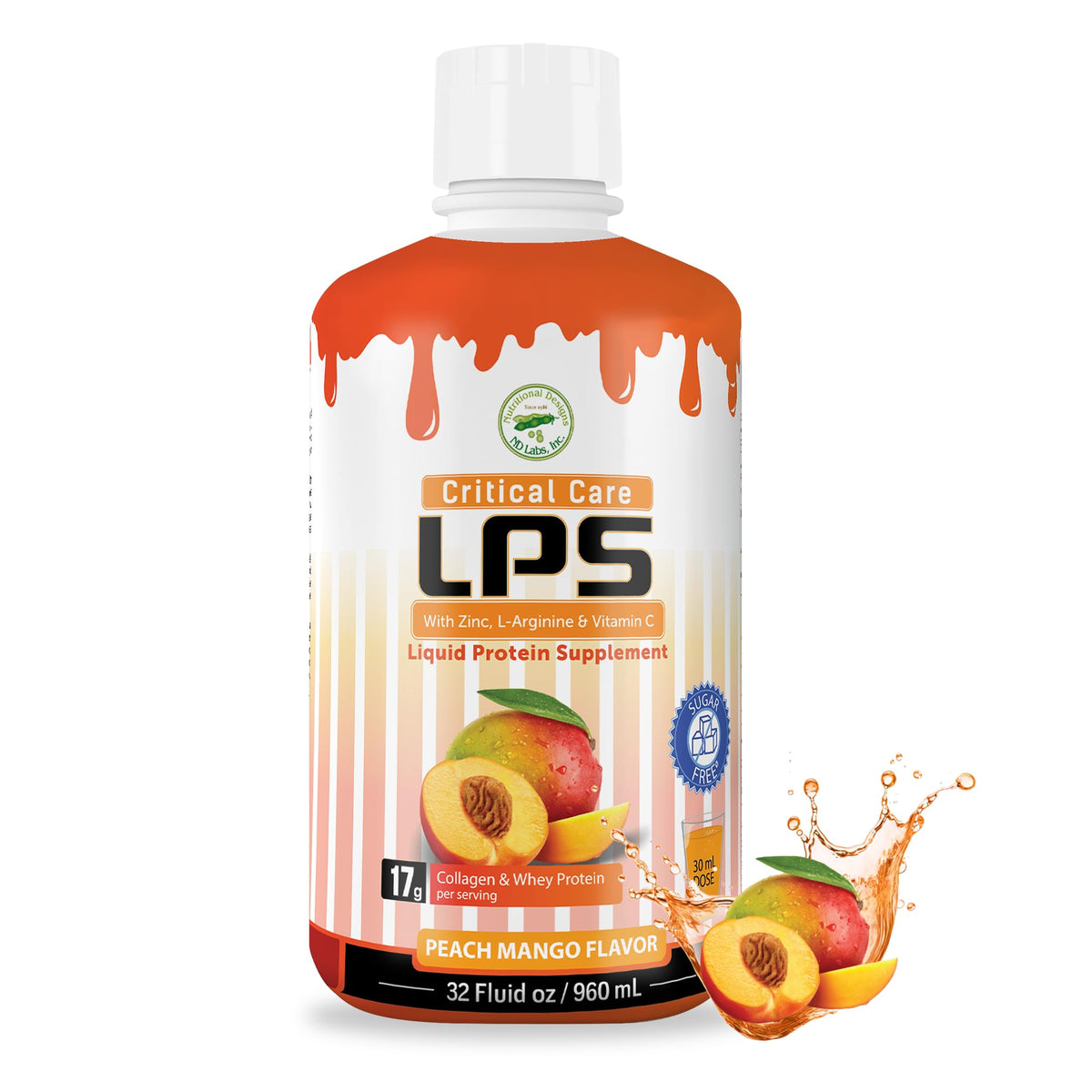 Nutritional Designs LPS bottle showing peach mango flavor for daily energy