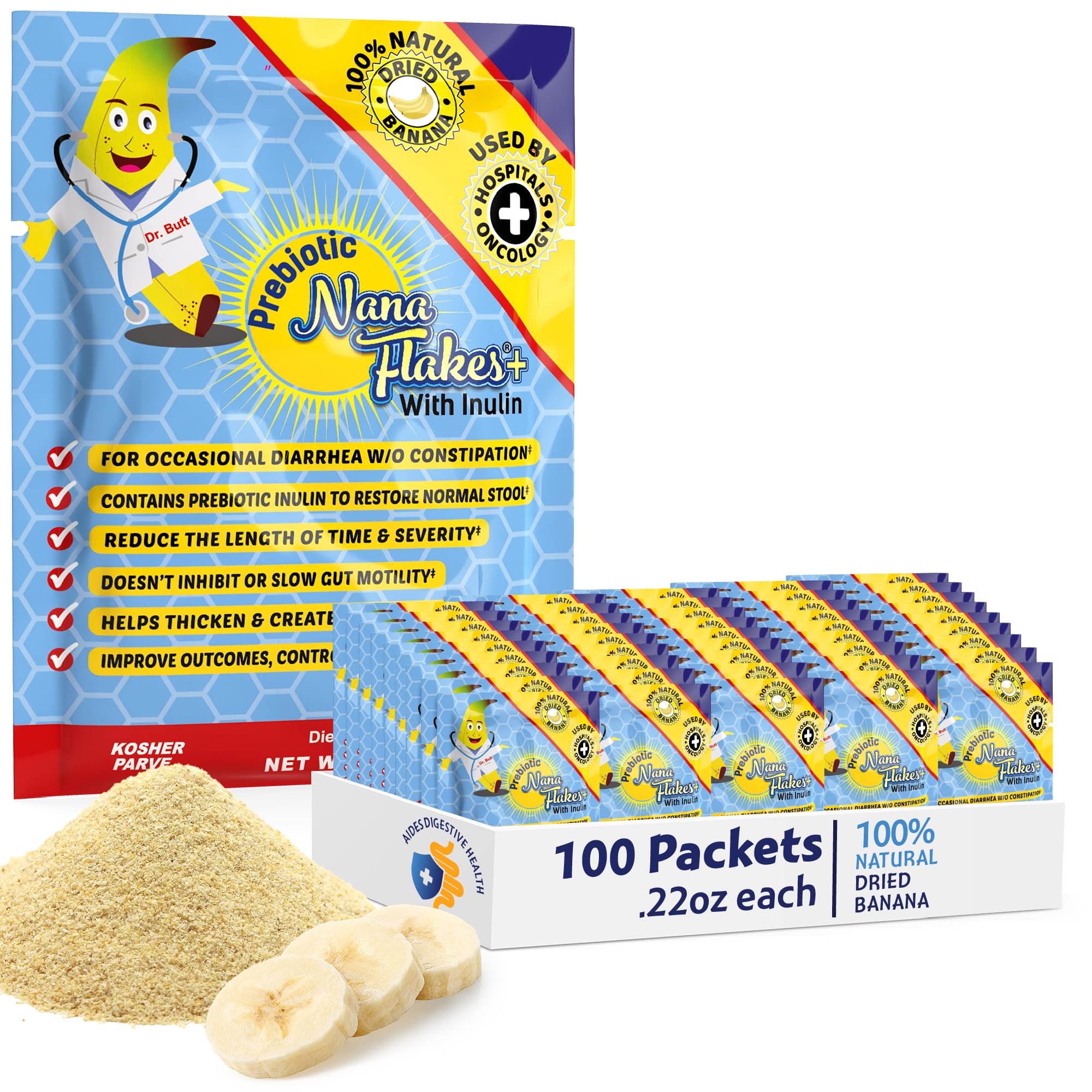 Nutritional Designs Nana Flakes bottle with banana flakes ready to mix for digestive comfort.