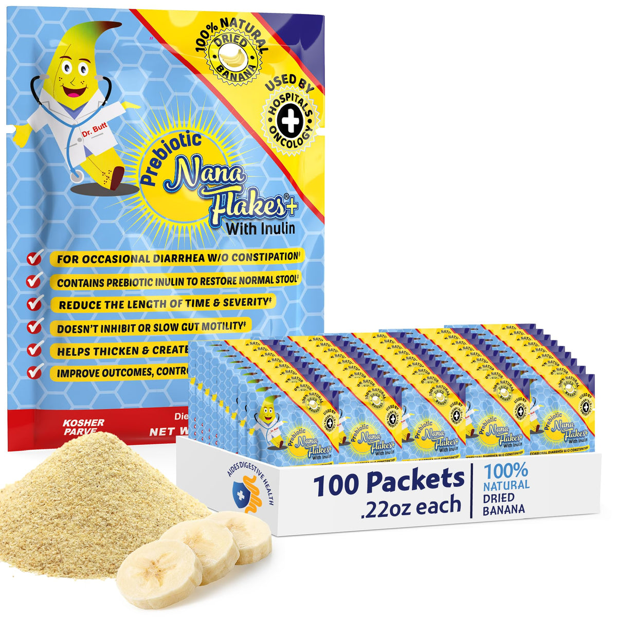 Nutritional Designs Nana Flakes bottle with banana flakes ready to mix for digestive comfort.